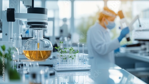 A Dedicated Scientist Conducts Groundbreaking Research in a Cutting-Edge Laboratory Filled with Innovative Equipment and Lively Green Plants Supporting Sustainable Discovery.