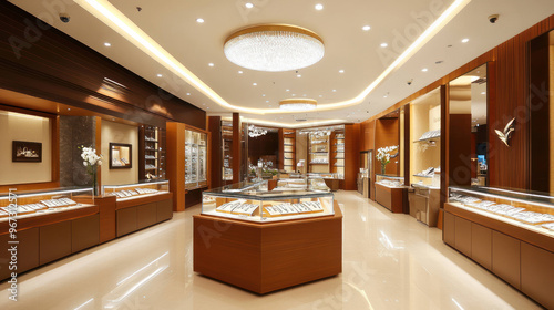 Luxurious jewelry store interior featuring elegant display cases, warm wooden accents, and bright lighting. atmosphere is inviting and sophisticated, perfect for showcasing fine jewelry photo