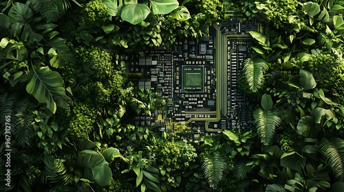 Fototapeta Naklejka Na Ścianę i Meble -  A green jungle scene with a circuit board in the center, representing the merging of nature and technology.