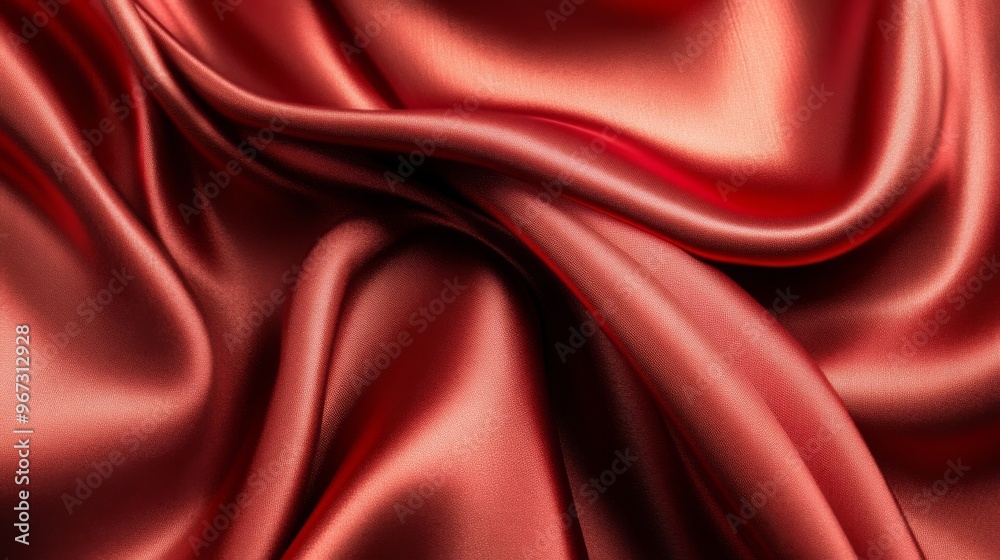 Obraz premium Smooth red silk fabric with gentle folds and drapery. Luxurious textile texture concept