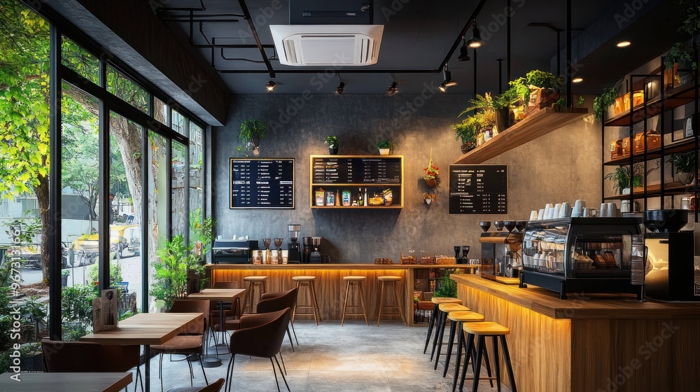 A modern coffee shop interior featuring wooden furniture, plants, and cozy atmosphere. space is well lit with stylish design, perfect for relaxation or work A modern coffee shop interior featuring wooden furniture, plants, and cozy atmosphere. space is well lit with stylish design, perfect for relaxation or work