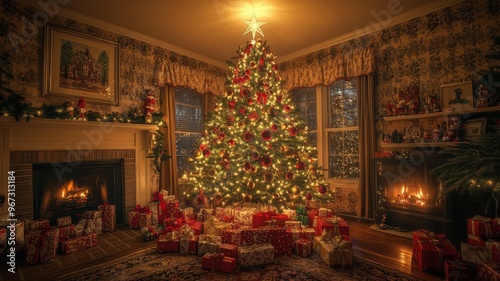 Photorealistic Christmas tree decorated with red and gold ornaments, shining star, surrounded by gifts, cozy living room setting. Christmas