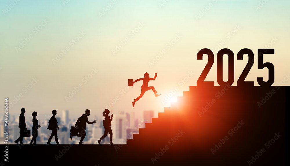 2025年へ階段を駆け上がる人々　ビジネス向け2025年新年イメージ　令和七年年賀状素材