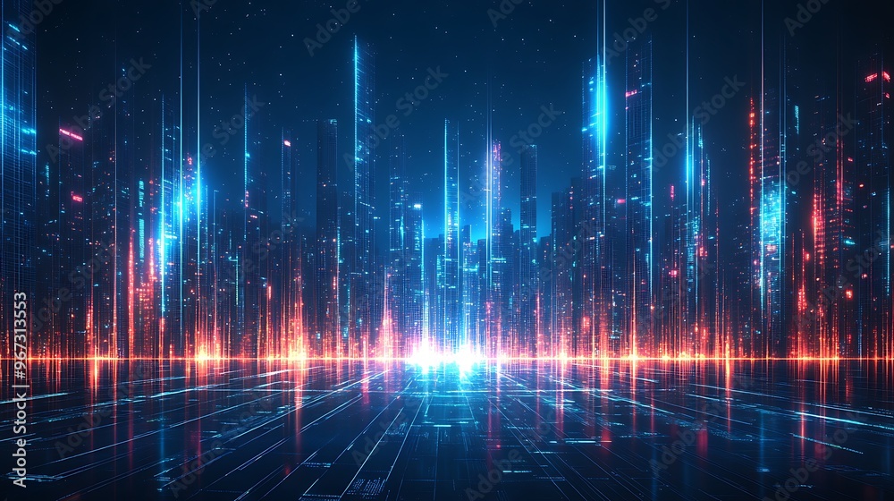 Futuristic abstract landscape featuring glowing lines and vibrant colors, representing technology and digital innovation. Futuristic abstract landscape featuring glowing lines and vibrant colors, representing technology and digital innovation.