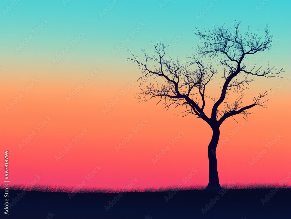 Bare tree against a vibrant sunset gradient background with copy space Bare tree against a vibrant sunset gradient background with copy space
