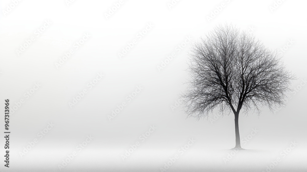 Obraz premium Lone tree in a foggy landscape with bare branches and copy space