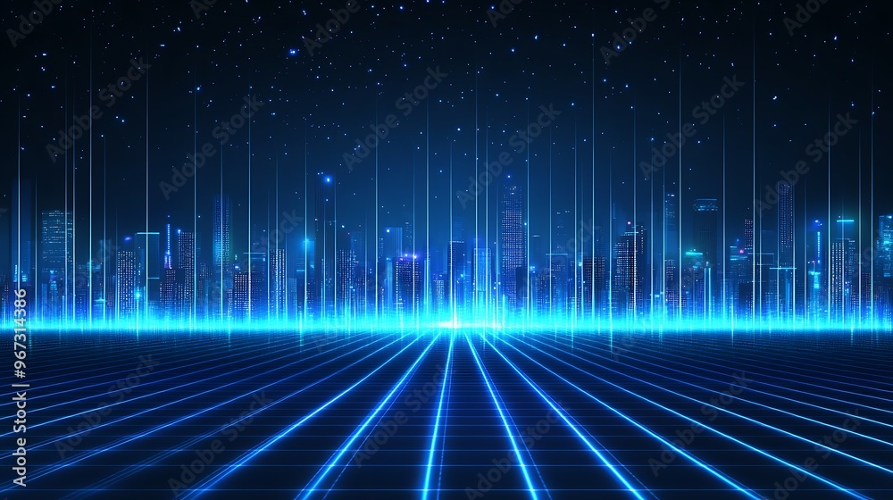 Futuristic city skyline with glowing blue lines and digital effects, representing technology and urban development at night. Futuristic city skyline with glowing blue lines and digital effects, representing technology and urban development at night.