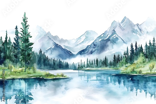 Watercolor landscape with mountains, forest and river in front. beautiful landscape.