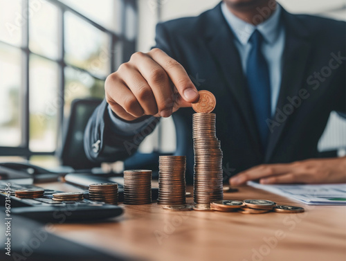 Stacking Coins, Symbolizing Financial Growth and Business Strategy, 기업 자금, 전략, 동전, 돈, money, 돈 세는 장면, 자금 관리,  Financial Strategy and Investments, business image. 