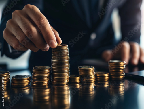 Stacking Coins, Symbolizing Financial Growth and Business Strategy, 기업 자금, 전략, 동전, 돈, money, 돈 세는 장면, 자금 관리,  Financial Strategy and Investments, business image. 