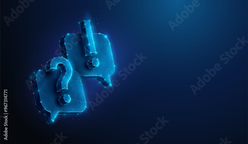 Abstract illustration of question mark and exclamation mark on chat bubbles in low poly style. Blue geometric background depicting faq and technical expert support concept by wireframe connection