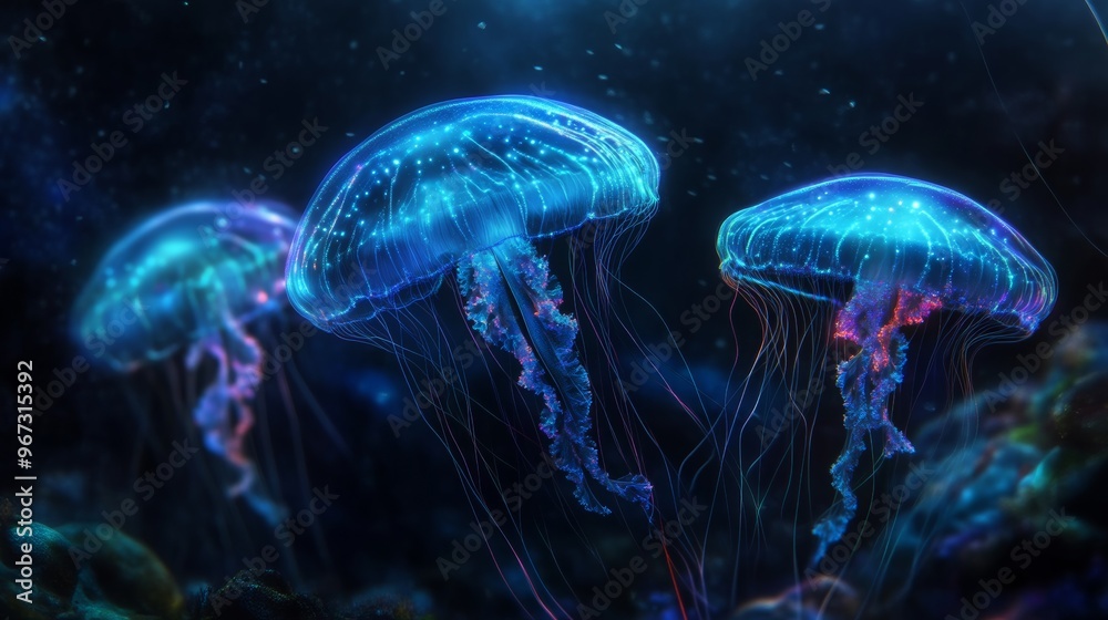 Glowing jellyfish underwater, ethereal marine life concept Glowing jellyfish underwater, ethereal marine life concept