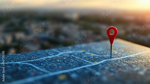 Red Pin on City Map at Sunset