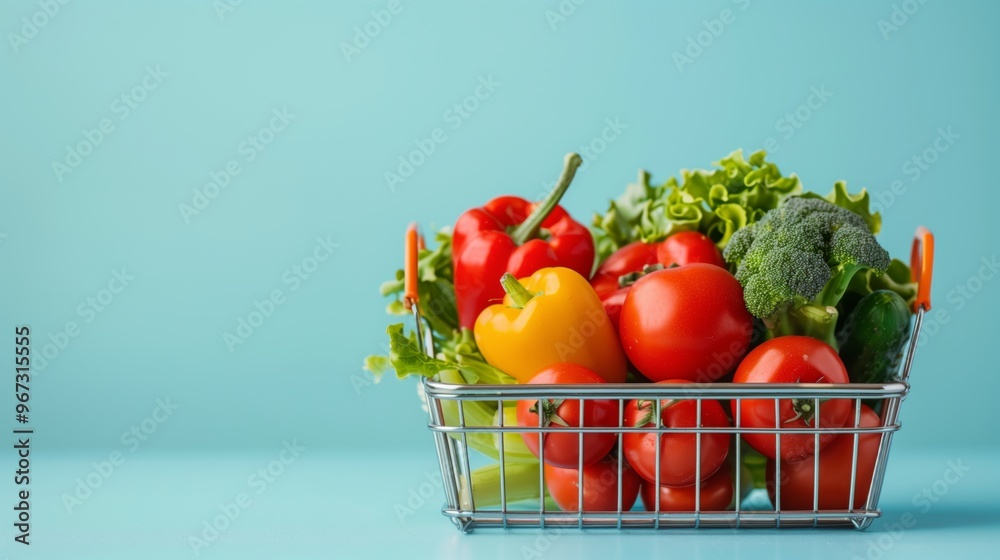 Fresh Organic Vegetables in a Shopping Basket Against a Blue Background - Perfect for Healthy Eating and Nutrition Concepts Fresh Organic Vegetables in a Shopping Basket Against a Blue Background - Perfect for Healthy Eating and Nutrition Concepts