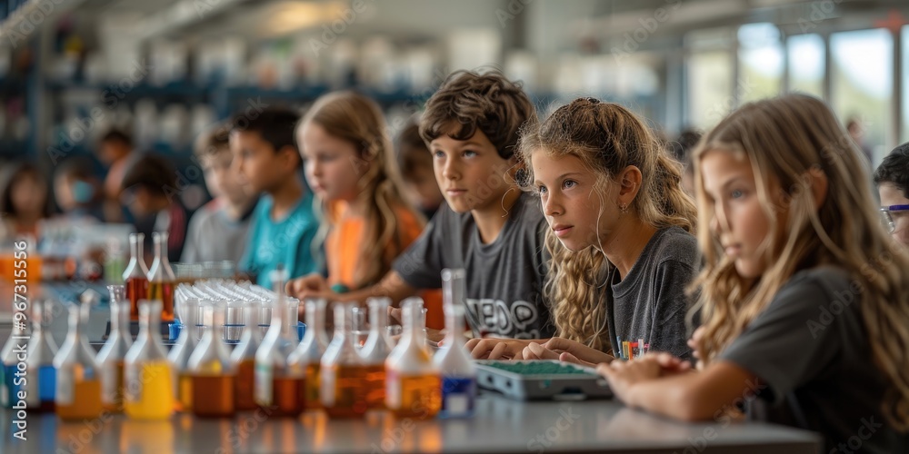 Students engaged in a science experiment in a classroom with lab equipment on the table Students engaged in a science experiment in a classroom with lab equipment on the table
