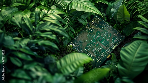 A circuit board lies half-hidden amidst lush green foliage, suggesting a connection between nature and technology. photo