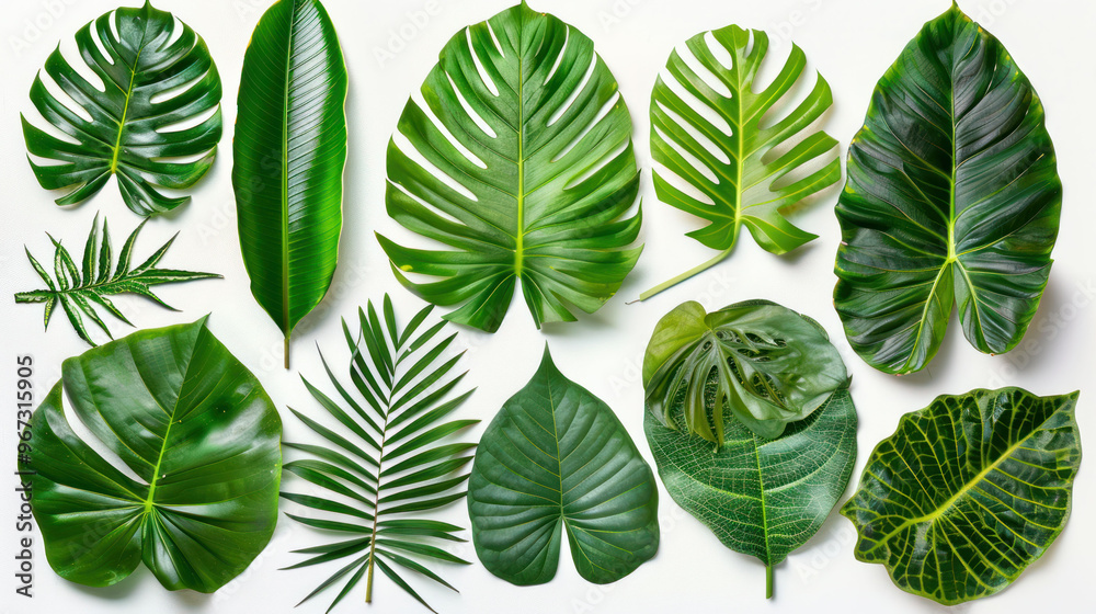 Lush green leaves in various shapes and sizes create vibrant, tropical display, showcasing beauty of natures foliage. This arrangement highlights diversity of plant life Lush green leaves in various shapes and sizes create vibrant, tropical display, showcasing beauty of natures foliage. This arrangement highlights diversity of plant life