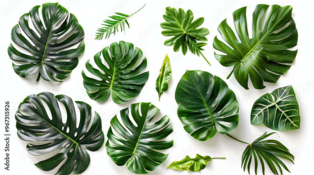 Lush green leaves create vibrant and tropical atmosphere, showcasing various shapes and textures. Perfect for nature lovers and interior design enthusiasts Lush green leaves create vibrant and tropical atmosphere, showcasing various shapes and textures. Perfect for nature lovers and interior design enthusiasts