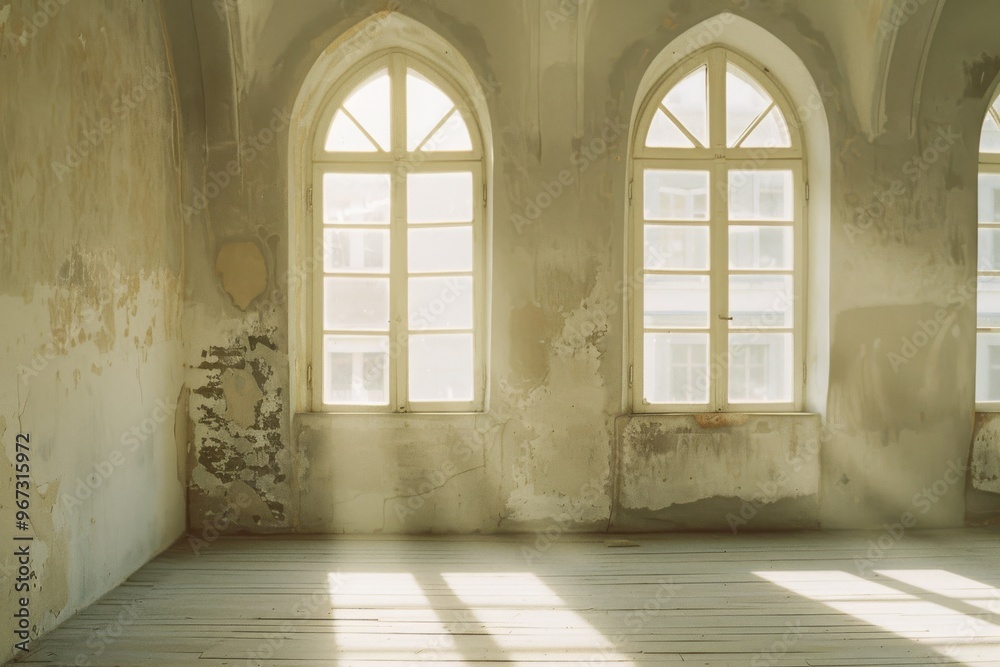 Sunlight streams through arched windows, illuminating an empty, rustic room with a weathered elegance and a serene, timeless atmosphere. Sunlight streams through arched windows, illuminating an empty, rustic room with a weathered elegance and a serene, timeless atmosphere.