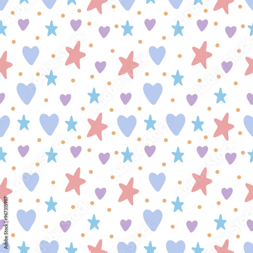 Hand drawn hearts and stars seamless pattern. Cute illustration.  Backdrop heart pattern.