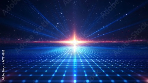 Futuristic digital landscape with glowing lines, grid patterns, and a radiant light source, evoking a sense of infinite space.