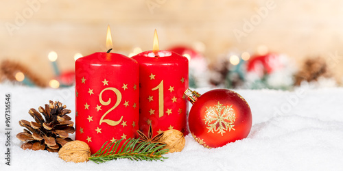 Second 2nd Sunday in advent with burning candle Christmas time decoration panorama and copyspace copy space photo