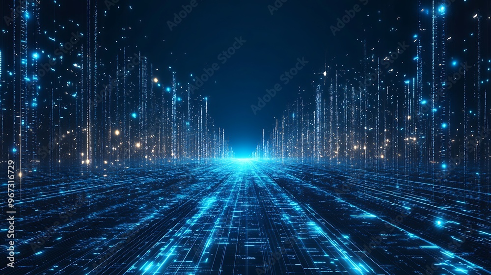 Futuristic digital landscape with glowing lines and particles creating a sense of depth and technology in a blue-toned environment. Futuristic digital landscape with glowing lines and particles creating a sense of depth and technology in a blue-toned environment.