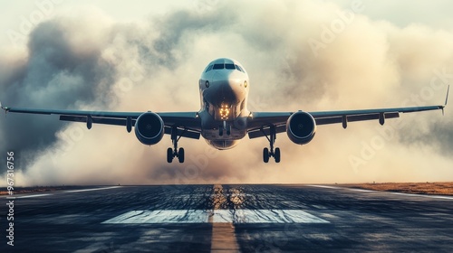 A dramatic shot of an airplane lifting off from the runway, with the wheels just above the ground and the jet engines emitting smoke.