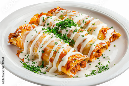 Delicious cheesy enchiladas with sauce garnished with parsley photo