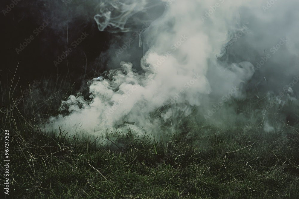 Fototapeta premium Thick smoke blankets a patch of grass, the white wisps forming intricate patterns against the dark, mysterious background.