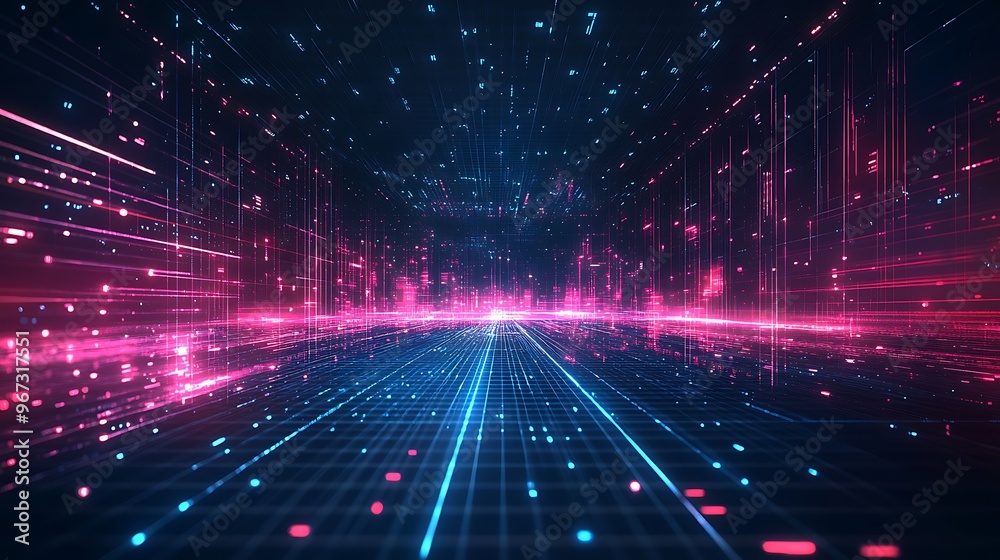 Obraz premium Futuristic digital landscape with vibrant pink and blue lights, creating a sense of depth and motion in a technological environment.