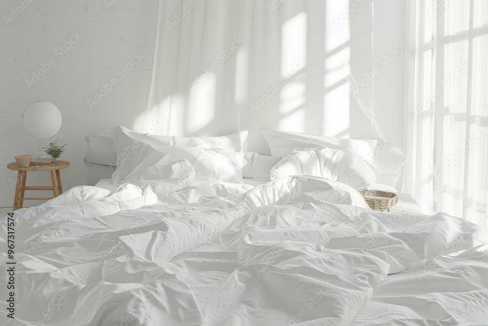 A serene and airy bedroom with white bedding, bathed in natural light streaming through large windows, creating a peaceful and calming retreat. A serene and airy bedroom with white bedding, bathed in natural light streaming through large windows, creating a peaceful and calming retreat.