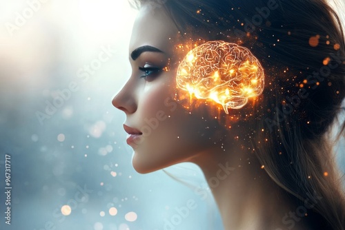 Artificial neural networks brainwave stimulation cognitive enhancement and brainwave analysis side profile of a woman with glowing neural brain highlighting cognitive function and brain stimulation photo