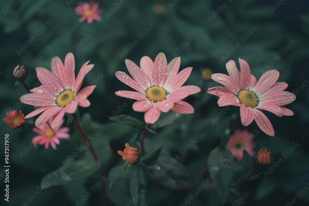 Vibrant pink daisies sprinkled with morning dew drops stand out vividly against a backdrop of dark green leaves. Vibrant pink daisies sprinkled with morning dew drops stand out vividly against a backdrop of dark green leaves.