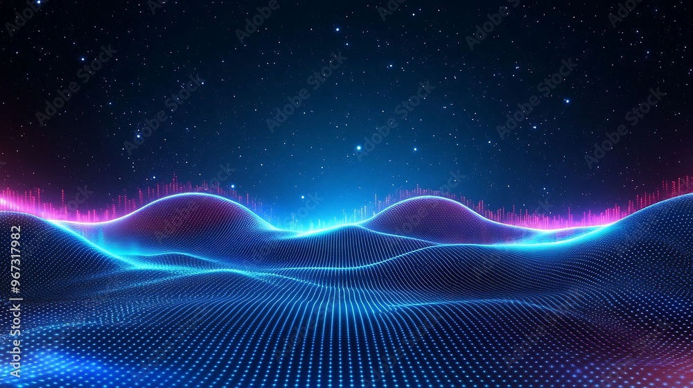 Futuristic landscape with glowing waves and stars, creating a vibrant digital atmosphere full of energy and innovation. Futuristic landscape with glowing waves and stars, creating a vibrant digital atmosphere full of energy and innovation.