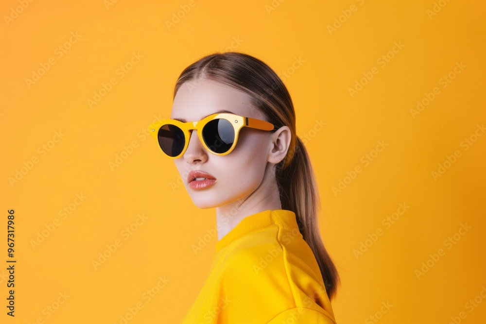 A woman with sleek hair in a bright yellow top poses confidently against a solid mustard-yellow background, wearing fashionable round sunglasses. A woman with sleek hair in a bright yellow top poses confidently against a solid mustard-yellow background, wearing fashionable round sunglasses.