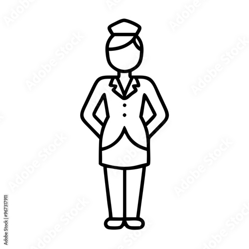 Outline figure of flight attendant in uniform on white background
