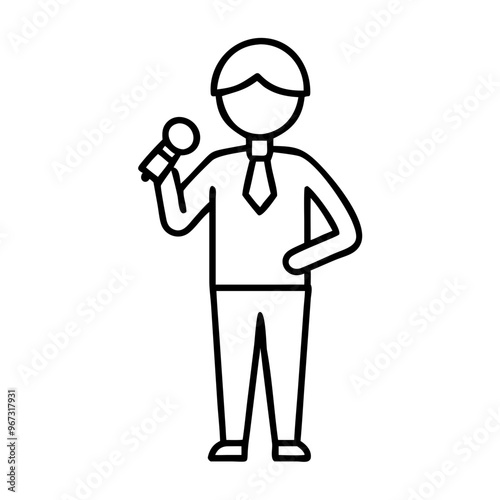 Outline figure of news reporter holding microphone on white background