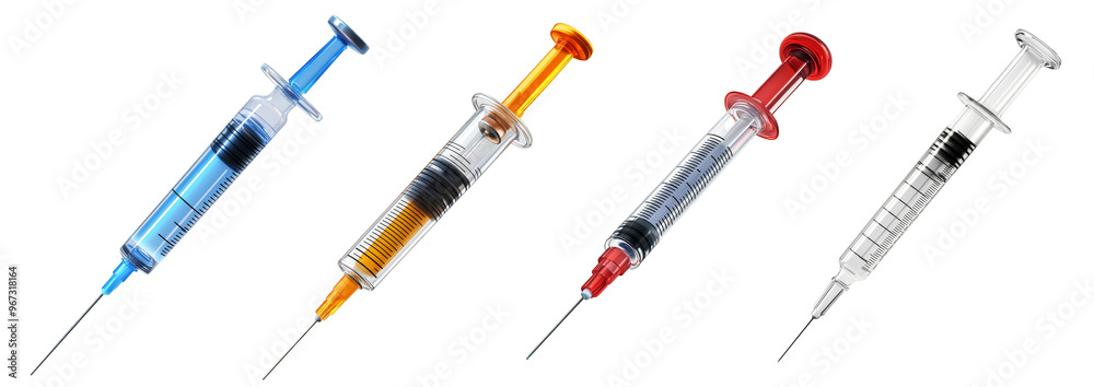 Syringe with colorful liquids medical equipment and injection supplies transparent background Syringe with colorful liquids medical equipment and injection supplies transparent background