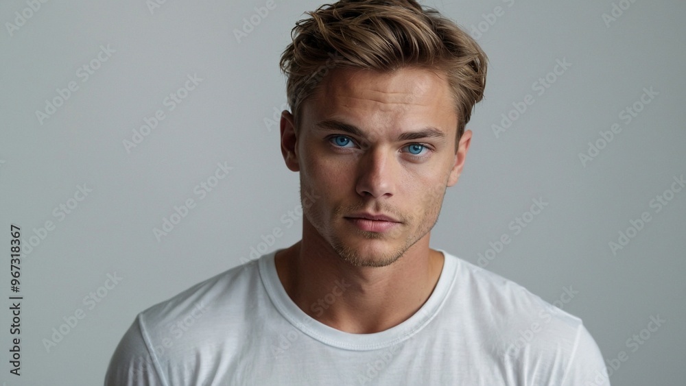 Portrait of a handsome young man with blue eyes in studio on white background. Handsome guy in a white t-shirt. Copy space Portrait of a handsome young man with blue eyes in studio on white background. Handsome guy in a white t-shirt. Copy space