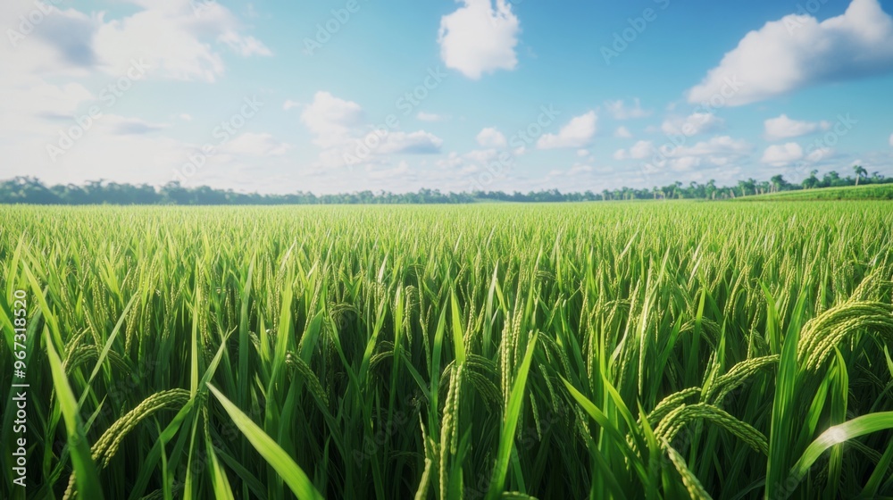A field of lush green rice stalks ready for harvest, with a backdrop of a clear blue sky and a distant rural landscape. A field of lush green rice stalks ready for harvest, with a backdrop of a clear blue sky and a distant rural landscape.