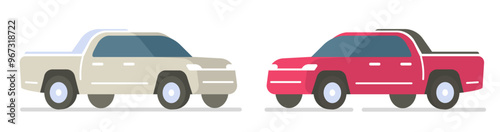 Pickup truck car vector icon flat cartoon 3d graphic illustration set, pick up vehicle automobile red white isolated minimal simple modern design image clip art
