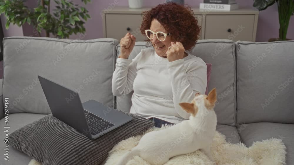 A middle-aged woman sits on a living room couch with a laptop, celebrating and giving a thumbs-up while interacting with her chihuahua dog indoors. A middle-aged woman sits on a living room couch with a laptop, celebrating and giving a thumbs-up while interacting with her chihuahua dog indoors.