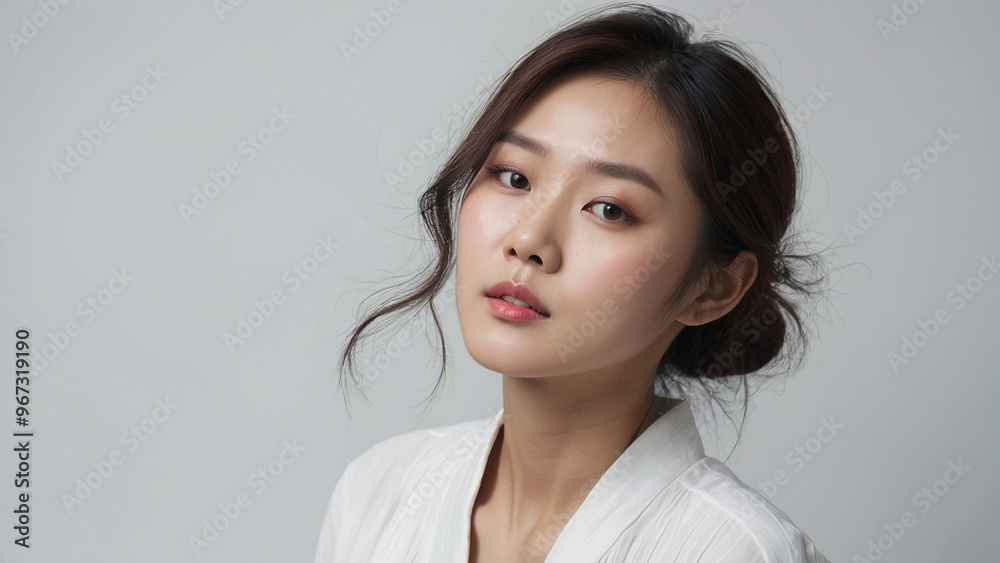 Portrait of a young beautiful asian woman in studio on white background. Natural beauty concept. Skincare. Copy space Portrait of a young beautiful asian woman in studio on white background. Natural beauty concept. Skincare. Copy space