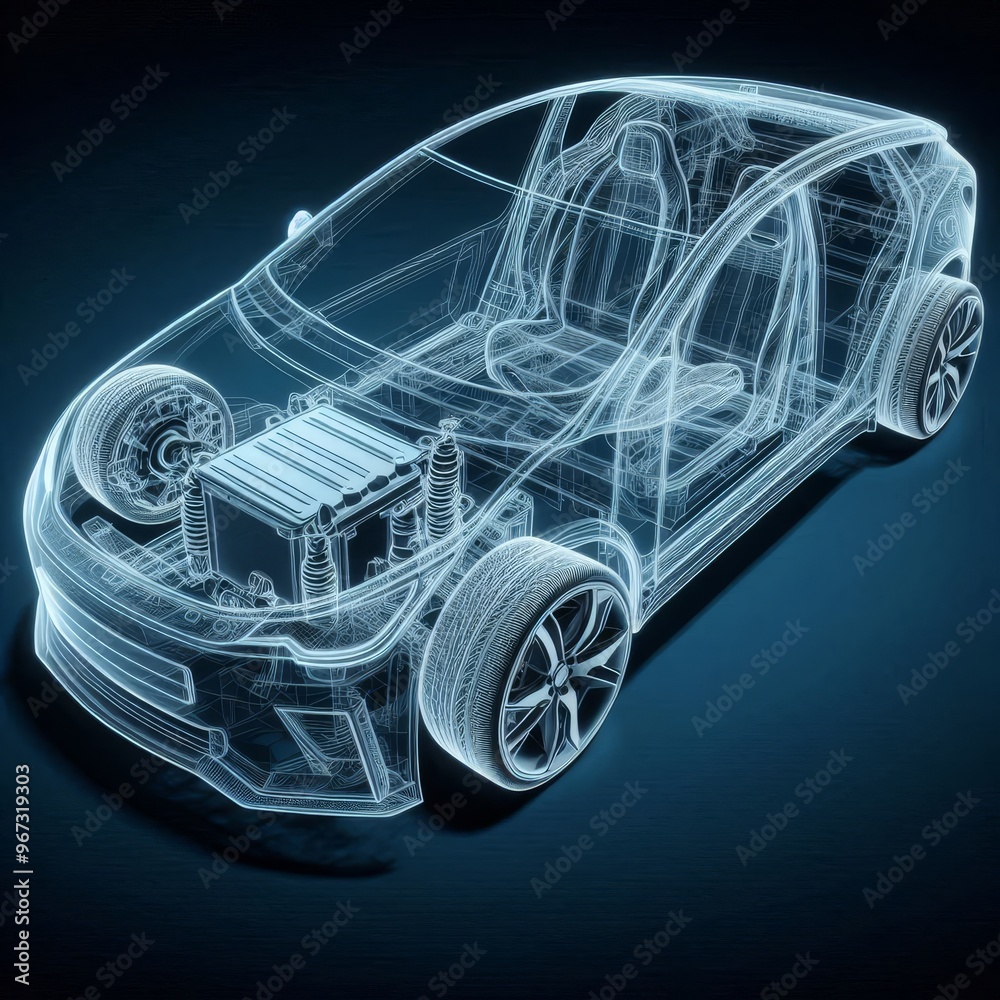 Naklejka premium A line art 3D illustration displays a modern electric car chassis x-ray, revealing the vehicle battery in a studio environment. 