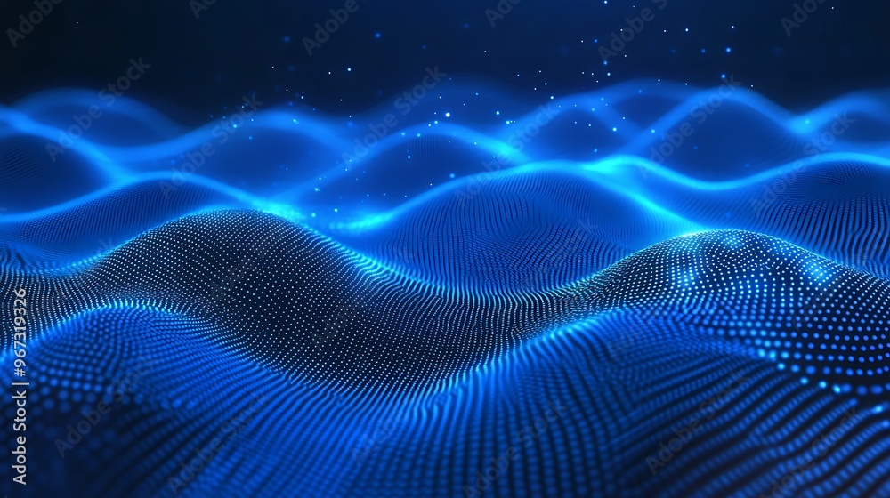 Stunning blue waves with glowing dots create a mesmerizing digital ocean, perfect for technology or abstract themes. Stunning blue waves with glowing dots create a mesmerizing digital ocean, perfect for technology or abstract themes.