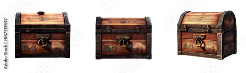 mediaeval opened unlocked and closed locked treasure antique vintage chest with gothic or middle ages pirate crate engravement, old wooden game asset set isolated on transparent png background cutout photo