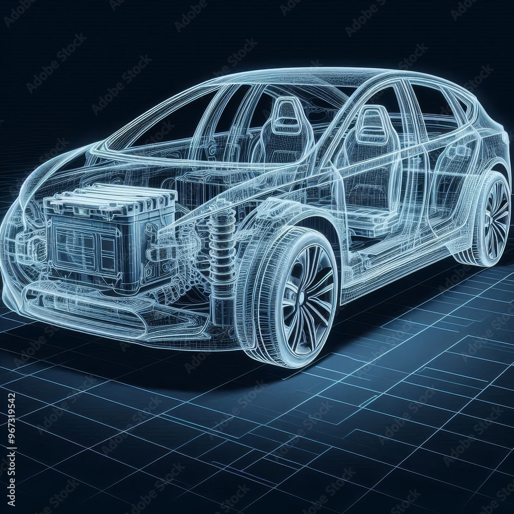 Naklejka premium A line art 3D illustration displays a modern electric car chassis x-ray, revealing the vehicle battery in a studio environment. 