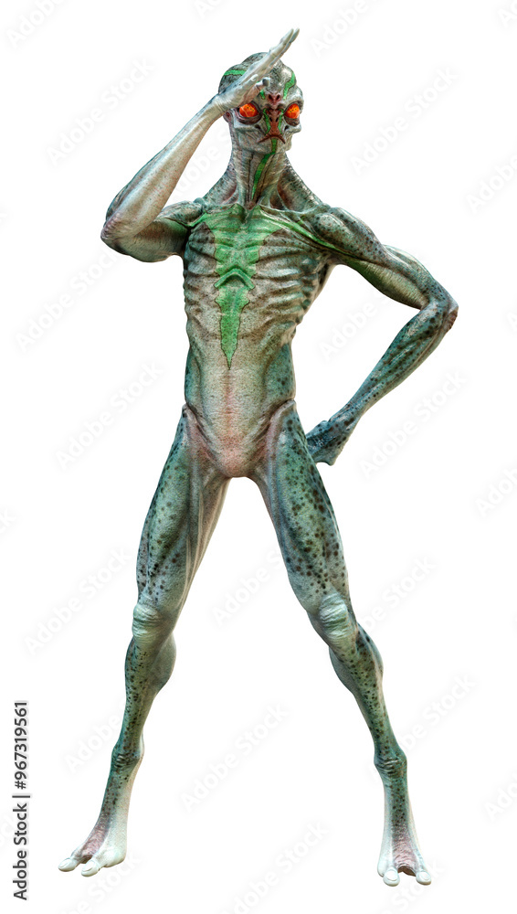 3D Rendering Green Alien on White