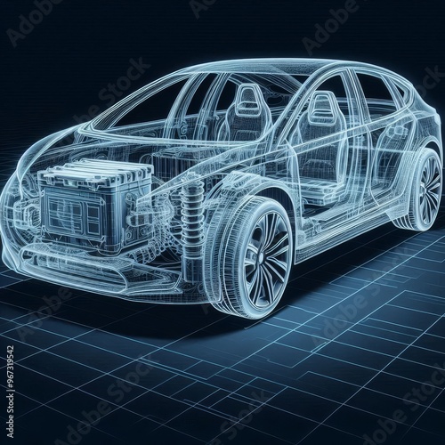 A line art 3D illustration displays a modern electric car chassis x-ray, revealing the vehicle battery in a studio environment.
